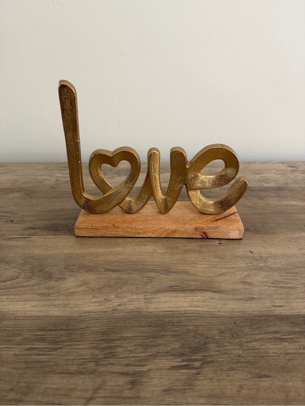 Gold Metal LOVE Sculpture Wood Base Romantic Home Decor